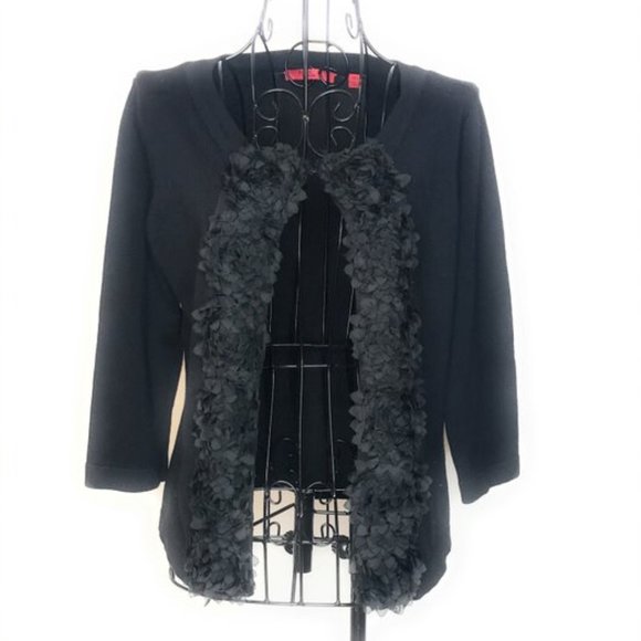 Women Black Open Front Lace Trim Career Work Office Cardigan Blazer Small - Picture 1 of 4